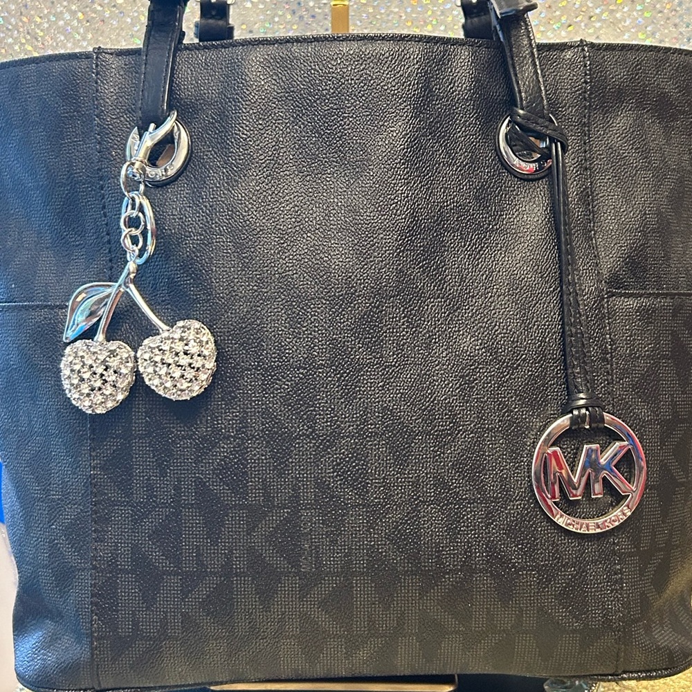 Michael Kors Black Logo Tote Bag with MK Charm